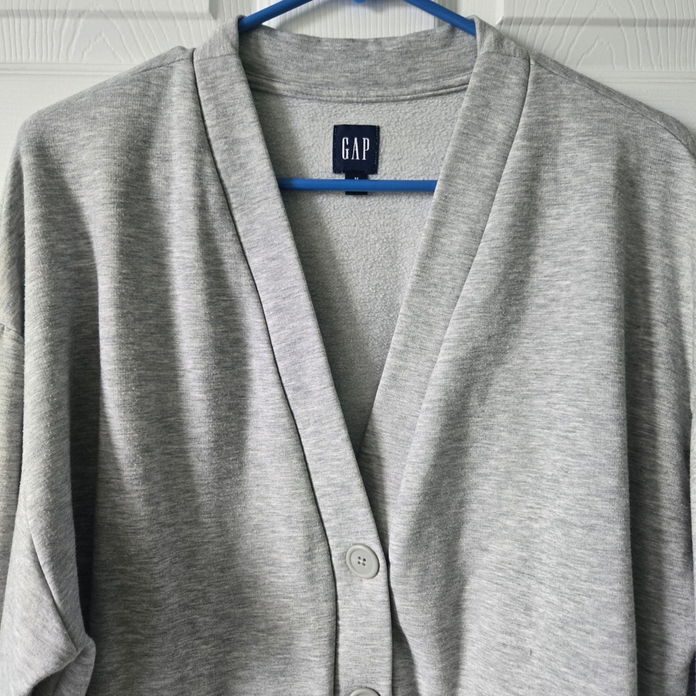 GAP Womens Medium Tall Heather Gray Fleece Button Front Cardigan Sweatshirt